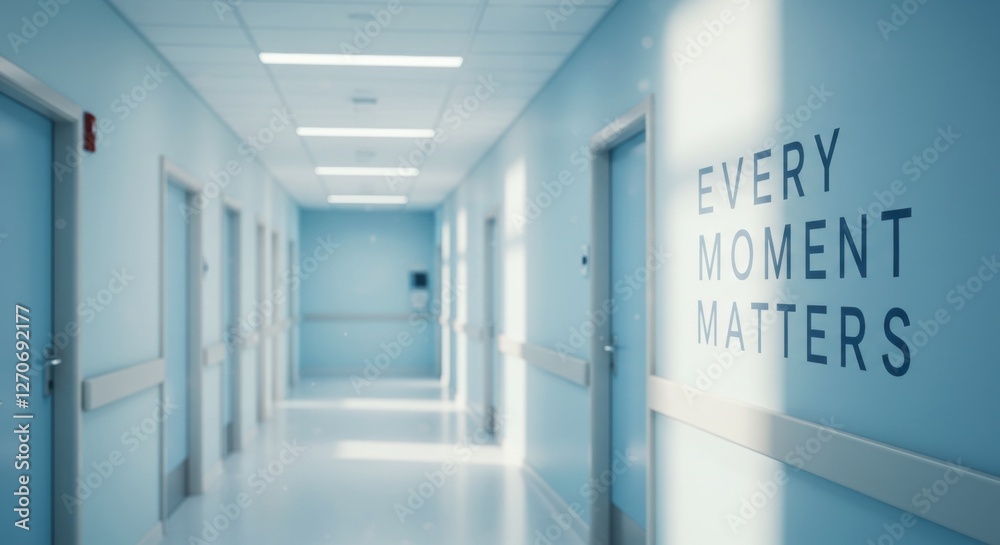 Obraz premium Bright hospital corridor with motivational text on wall, clean environment, and well-lit space
