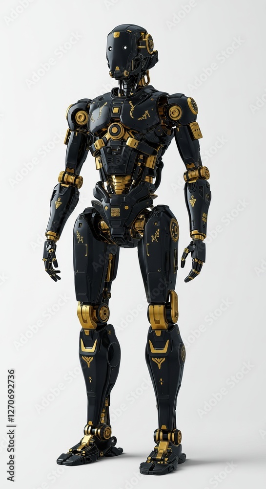 Futuristic black and gold robot with intricate mechanical details on neutral background Futuristic black and gold robot with intricate mechanical details on neutral background