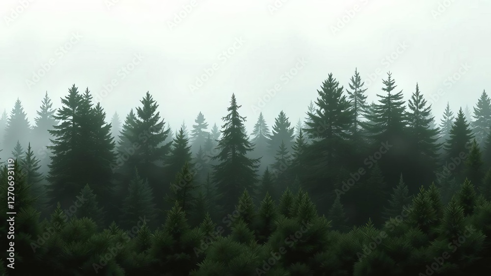 Obraz premium mystical forest background with foggy evergreen trees silhouette vector illustration, evergreen, pine, vector