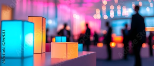 Futuristic Event Planning Expo with Glowing Tools for Designing Virtual Venues and Simulating Decor