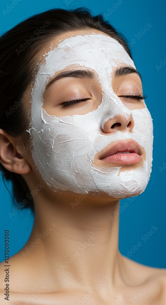 Fototapeta premium Calm woman with clay face mask on blue background for skincare and beauty concept