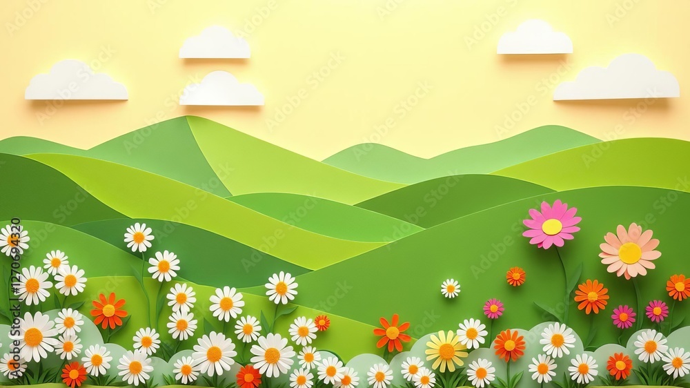Fototapeta premium Vibrant paper cut landscape with mountain background, fluffy clouds, green hills, colorful paper flowers, landscape, paper cut, rolling green hills
