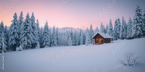 Snow covered trees surrounding a cozy cabin in a winter wonderland setting, wonderland, white, wilderness