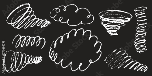 Line curve with texture crayon chalk. Scribble hand drawn set scribble white on black background. Curve crayon chalk set, Vector illustration