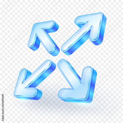 Expand icon symbol, blue transparent glass material, isolated on transparent background. Vector illustration 3D.
