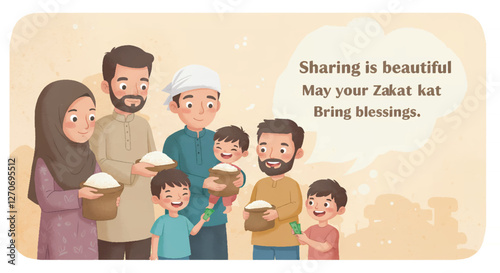 Family and Child-Friendly Zakat Greeting Card. Islamic Charity Illustration