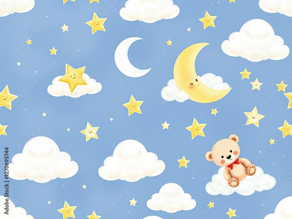 Watercolor seamless pattern with teddy bears, clouds, moon, and stars on a white background, cute, watercolor, stars Watercolor seamless pattern with teddy bears, clouds, moon, and stars on a white background, cute, watercolor, stars