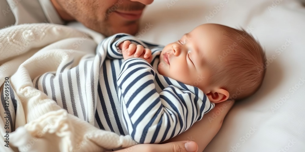 Newborn baby in striped clothes lying peacefully in a cozy bed, warmth, newborn photography, fragile Newborn baby in striped clothes lying peacefully in a cozy bed, warmth, newborn photography, fragile