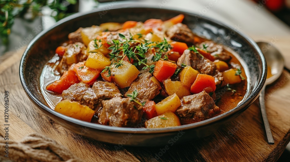 A hearty beef stew with vegetables, garnished with herbs, served in a rustic bowl. A hearty beef stew with vegetables, garnished with herbs, served in a rustic bowl.