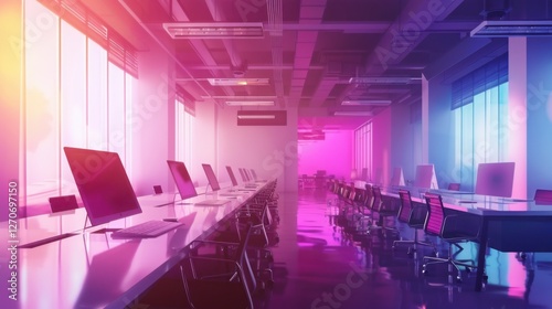 A modern office environment with professional teamwork in a bright open space. 
