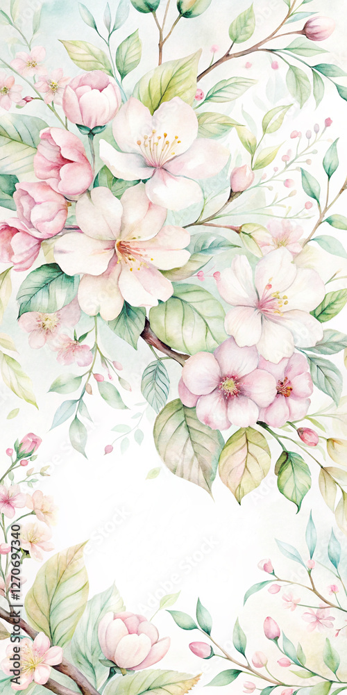 Fototapeta A delicate watercolor mobile wallpaper featuring soft pink cherry blossoms and green leaves.