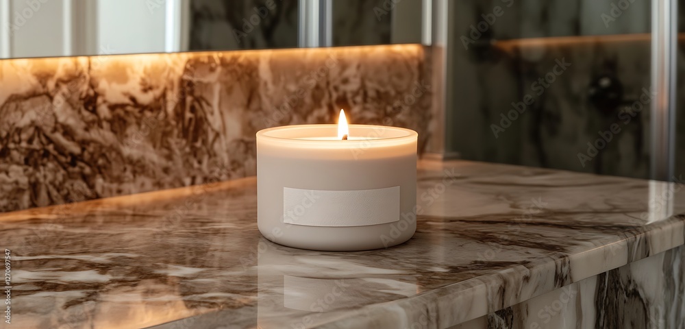 Fototapeta premium A clean white soy candle with a subtle label on a sleek marble bathroom countertop