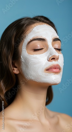 Woman relaxing with face mask on blue background relaxation skincare concept