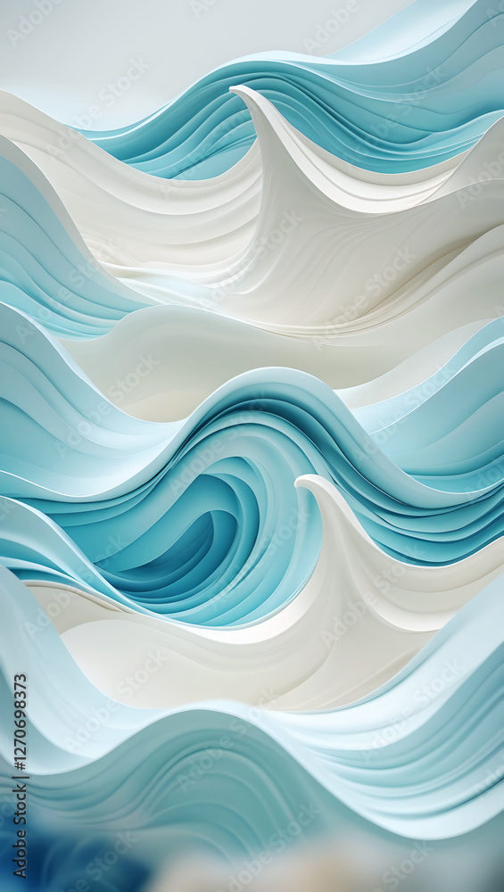 Fototapeta premium Elegant 3D waves in blue and white tones create a peaceful mobile wallpaper background.