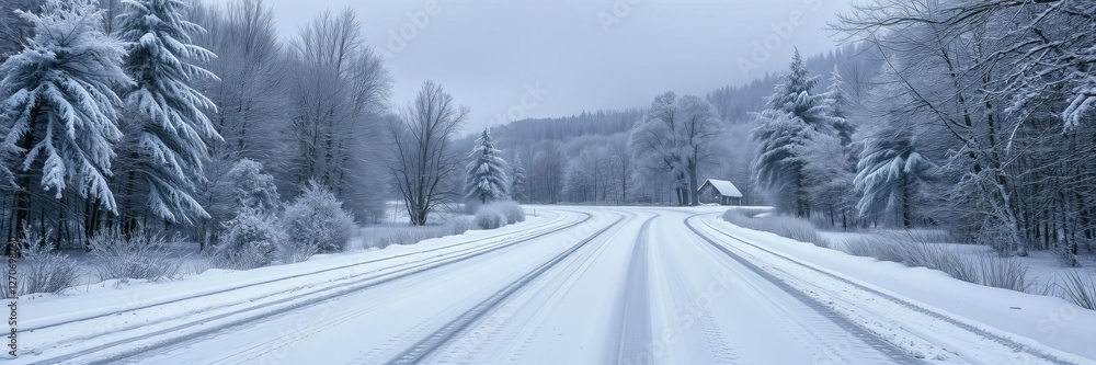 Fototapeta premium Snow-covered winter landscape panorama featuring a winding road leading through a dense forest, scenic, chilly, picturesque