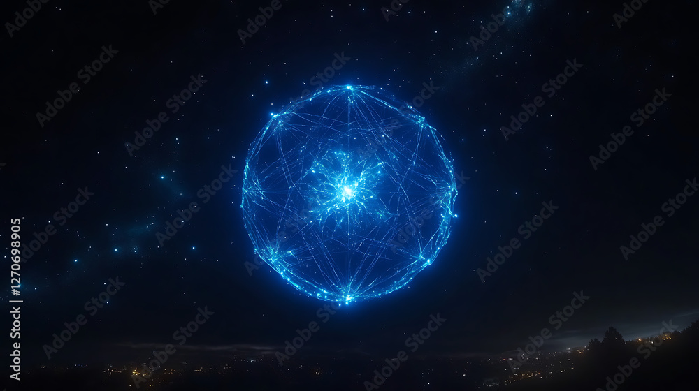 Obraz premium Glowing Abstract Sphere of Light Amidst a Starry Sky Over a City at Night