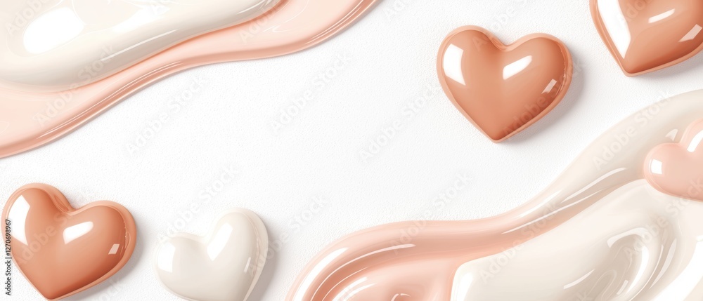 Modern love-themed design with smooth 3D hearts gently placed on a white background, soft pastel colors, elegant composition Modern love-themed design with smooth 3D hearts gently placed on a white background, soft pastel colors, elegant composition