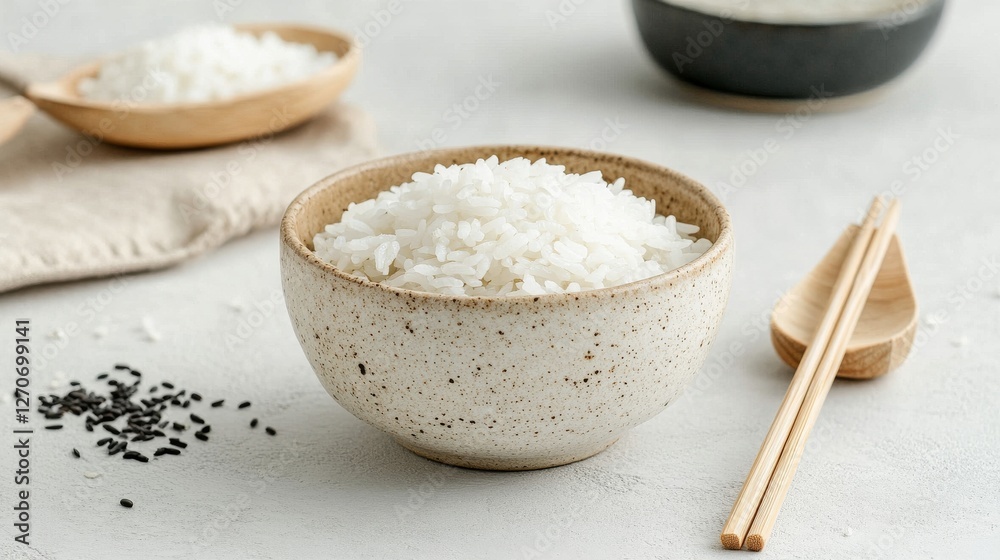 Bowl of cooked white rice on light gray textured background, selective focus, horizontal Bowl of cooked white rice on light gray textured background, selective focus, horizontal
