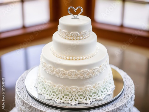 Three tier wedding cake with pearls and lace design, marriage, sugar, pearl accents