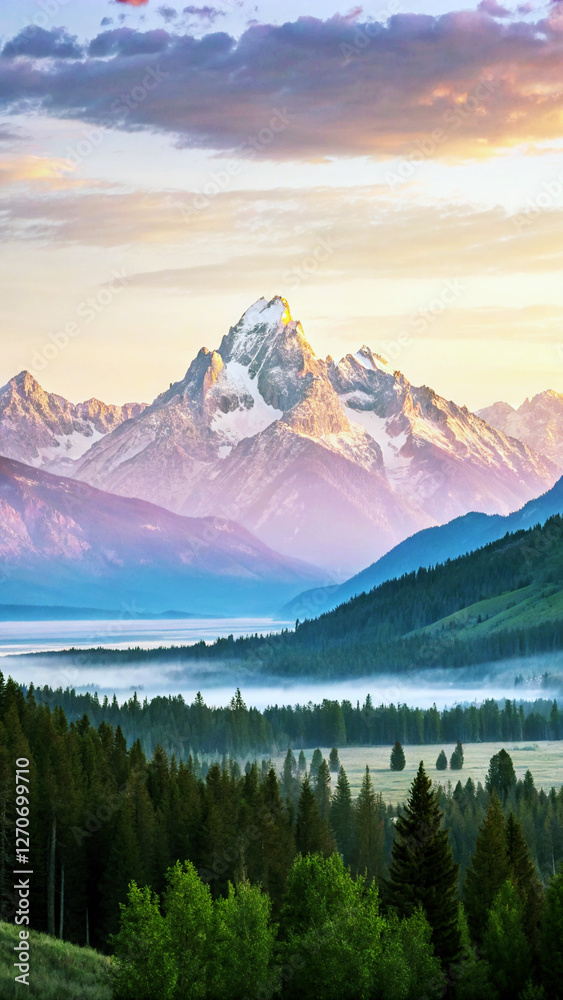 Obraz premium Breathtaking mountain peaks with vibrant sunset clouds, perfect for a scenic mobile wallpaper.