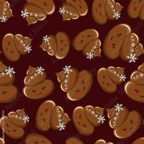 Seamless pattern with kawaii poop on white background. Cartoon poo, feces icons. Shit patterns, evil turd. Vector illustration for invitation, poster, card, fabric, textile. Doodle style.