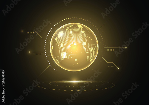 Abstract global network connection on gold background. World map point and line composition concept of global business
