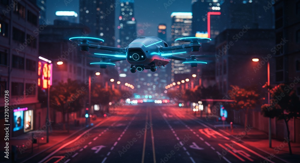 Futuristic drone flying over empty city street at night with neon lights Futuristic drone flying over empty city street at night with neon lights