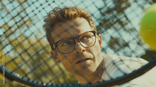Myopia prevention with a man wearing glasses playing tennis on an outdoor court. Tennis racket, ball, net