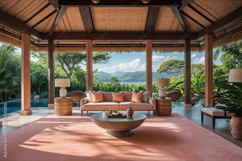 Fototapeta premium Luxury Interior Oasis Featuring Peach Carpets and Lush Natural Surroundings