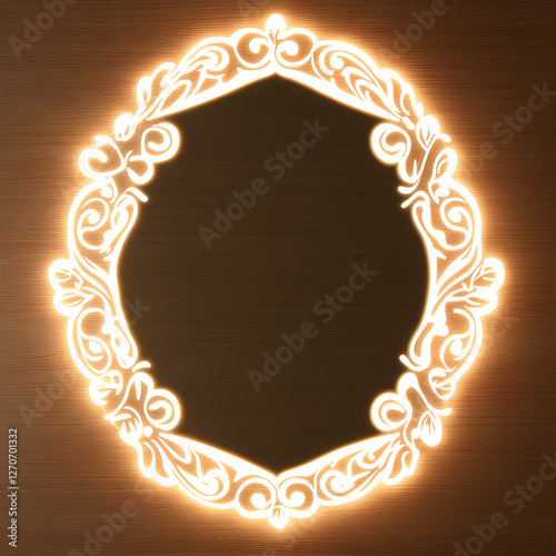 Glowing Elegant Frame Ornament on Textured Wooden Surface Backdrop Design Element Decoration photo