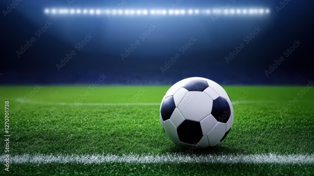 Obraz premium Soccer Ball on Green Field Under Stadium Lights at Night