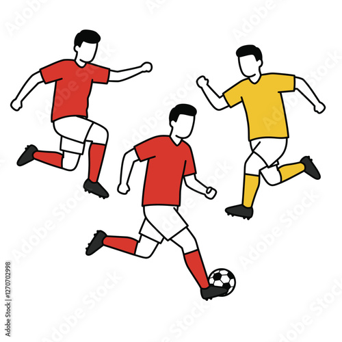 Clip art of football players. Three football players in red and yellow jerseys playing with a ball. Vector illustration design.