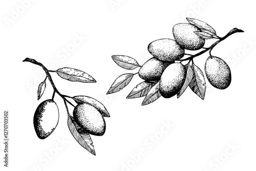 Black and white olive branch sketch. Tattoo olive branch collection. Ink hand drawn olives set. Botanic plant vector illustration. A sprig of an olive tree with leaves. Food concept. Design elements.