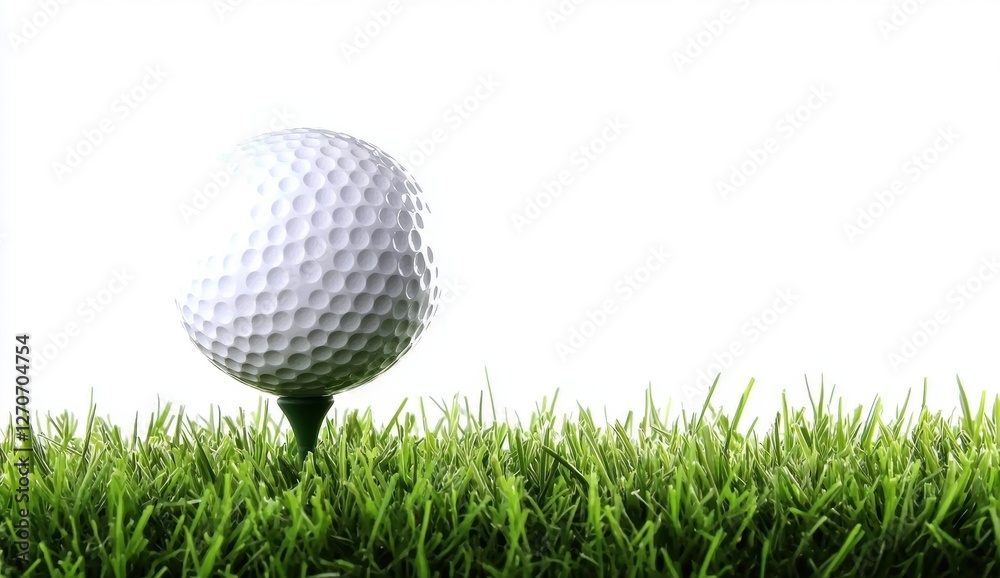 Golf Ball on Tee in Bright Green Grass with White Background Golf Ball on Tee in Bright Green Grass with White Background