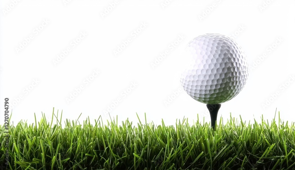 Golf Ball on Tee in Fresh Green Grass against White Background Golf Ball on Tee in Fresh Green Grass against White Background