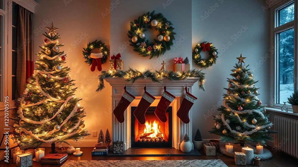 Obraz premium Stylish living room with decorative fireplace adorned for Christmas, room, lights, Christmas