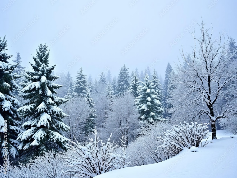 Fototapeta premium Snowflakes gently falling from the sky onto a serene forest landscape, creating a magical winter wonderland scene, environment, snowfall, landscape