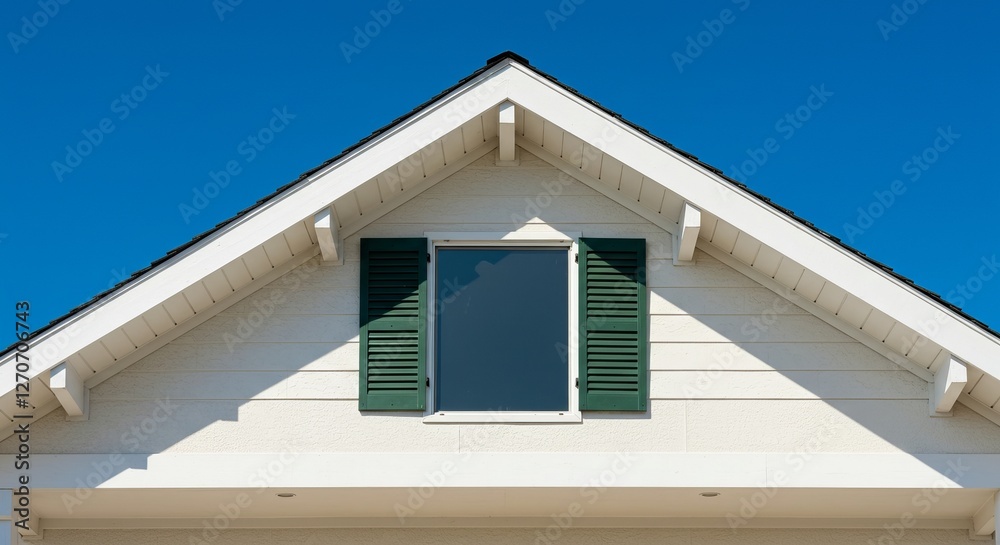Minimalist house exterior with gable roof and green shutters against clear blue sky Minimalist house exterior with gable roof and green shutters against clear blue sky