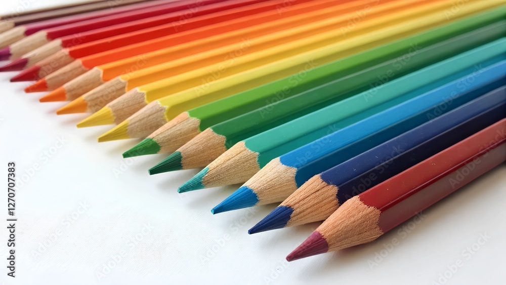 Rainbow Harmony: An array of colored pencils, meticulously arranged, showcases a vibrant spectrum of hues from warm reds to cool blues.