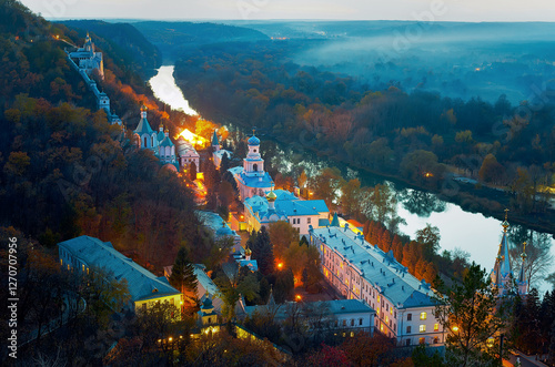 A beautiful autumn evening with a view of the Svyatogorsk Lavra.  Ukraine