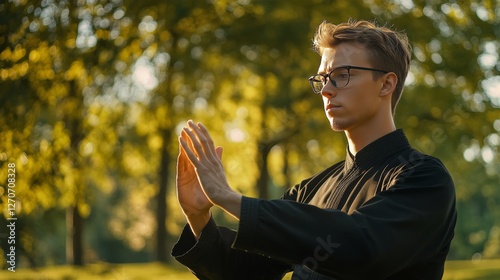 Myopia prevention with a man wearing glasses practicing martial arts. Fitness, wellness, and eye health