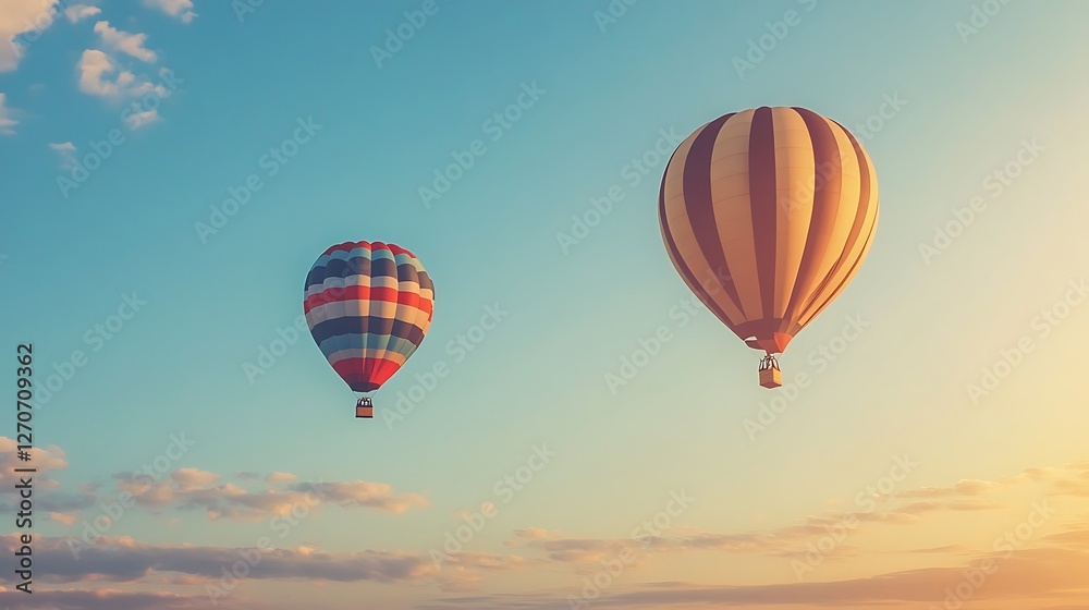 Two hot air balloons in a vibrant sunset sky. Possible use travel brochure, tourism advertisement Two hot air balloons in a vibrant sunset sky. Possible use travel brochure, tourism advertisement