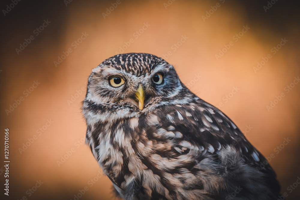 Little owl (Athene noctua) portrait. Dark orange blurred background. Owl sitting. Little owl (Athene noctua) portrait. Dark orange blurred background. Owl sitting.