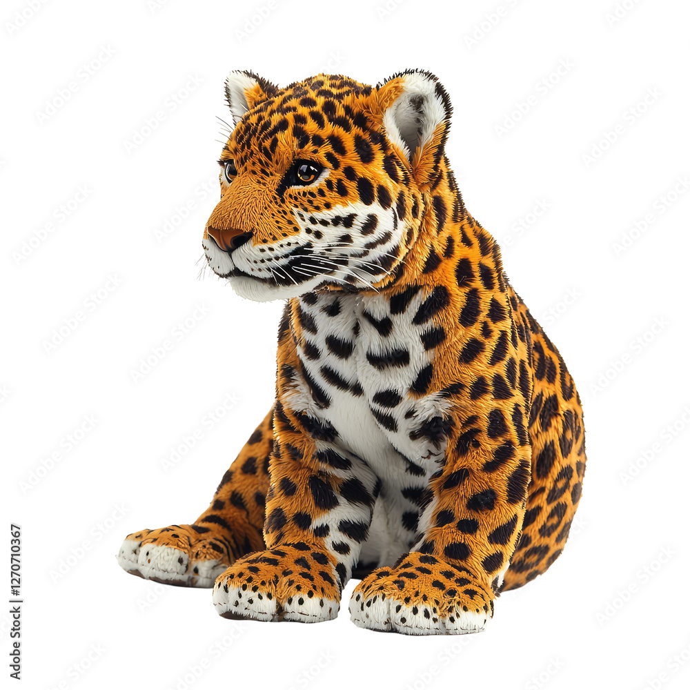 Obraz premium Realistic Soft Toy Jaguar Sitting with Detailed Fur Texture and Expression, Side View, Isolated on Transparent background