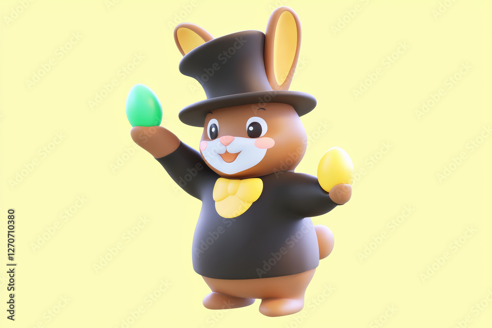cheerful 3D illustration of chocolate Easter bunny wearing top hat, holding colorful eggs