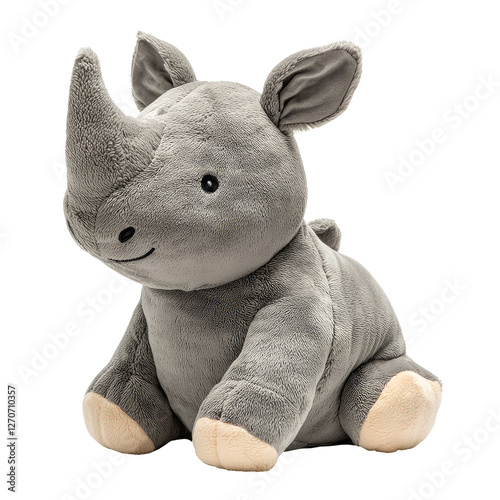 Adorable Soft Toy Rhino in Side View without Shadow, Perfect for Children and Decor, Soft Texture and Cute Expression