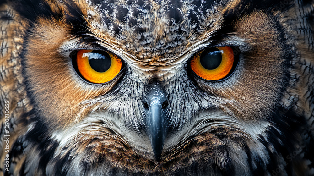 Intense gaze of a Eurasian eagle owl, a captivating portrait close-up