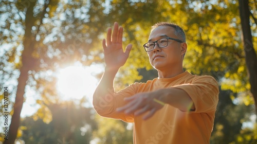 Myopia prevention with a man wearing glasses practicing Tai Chi outdoors. Wellness, fitness, and eye health