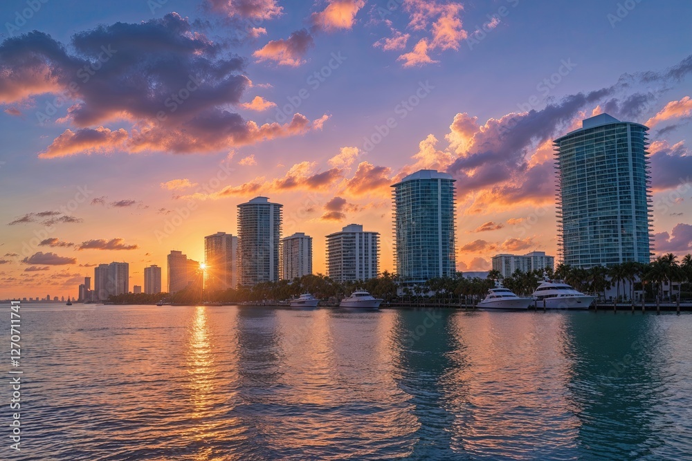Fototapeta premium Experience Tranquility at Miami Bay with Breathtaking Sunrise Colors