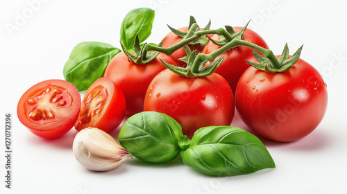 Isolated on a white background, a tomato with leaves and basil sprigs, a big garlic clove, a paprika slice